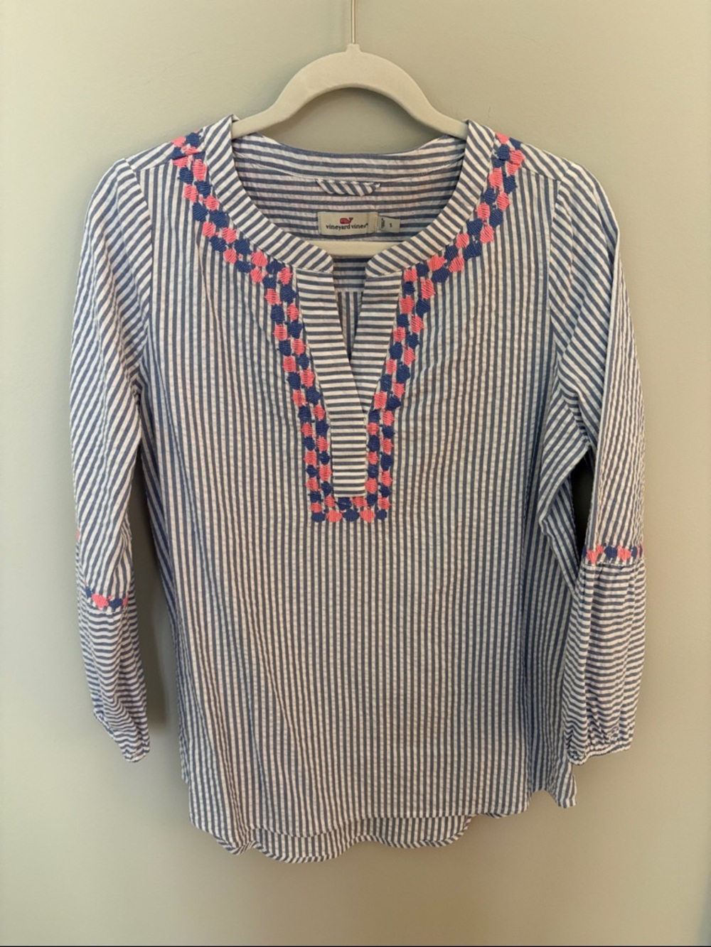 Vineyard Vines Blue & White Striped Embroidered Tunic with Pink Accents